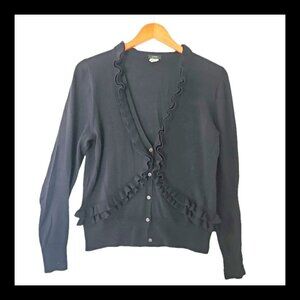 J. Crew Black Cardigan 100% Merino Wool‎ L Large Ruffle Lightweight Soft